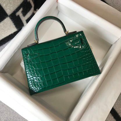 HM Mini Kelly 19 Embossed Patent Emerald Color Bag With Gold-Toned Harware For Women, Handbags, Shoulder Bags 7.5in/19cm