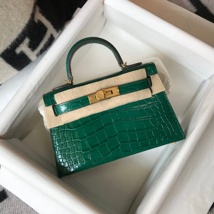 HM Mini Kelly 19 Embossed Patent Emerald Color Bag With Gold-Toned Harware For Women, Handbags, Shoulder Bags 7.5in/19cm