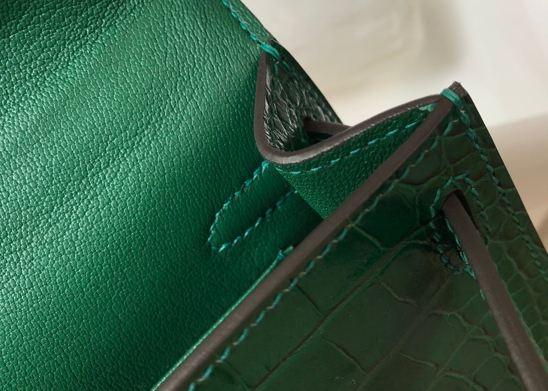 HM Mini Kelly 19 Green Crocodile Bag For Women, Handbags, Shoulder Bag 7.5in/19cm