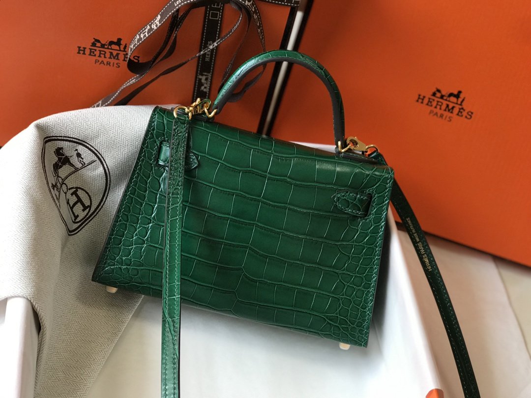 HM Mini Kelly 19 Green Crocodile Bag For Women, Handbags, Shoulder Bags 7.5in/19cm