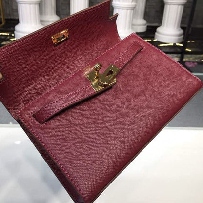 HM Mini Kelly KP Pochette Burgundy For Women Gold Toned Hardware 8.7in/22cm