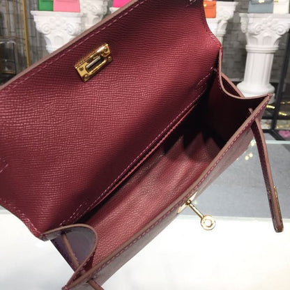 HM Mini Kelly KP Pochette Burgundy For Women Gold Toned Hardware 8.7in/22cm