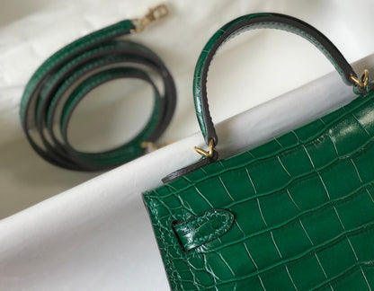 HM Mini Kelly 19 Green Crocodile Bag For Women, Handbags, Shoulder Bag 7.5in/19cm