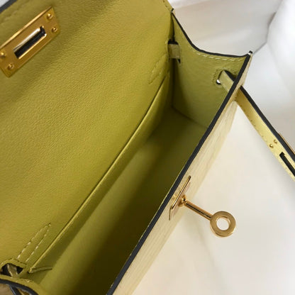 HM Mini Kelly 19 Embossed Patent Matte Yellow Bag With Gold-Toned Harware For Women, Handbags, Shoulder Bags 7.5in/19cm