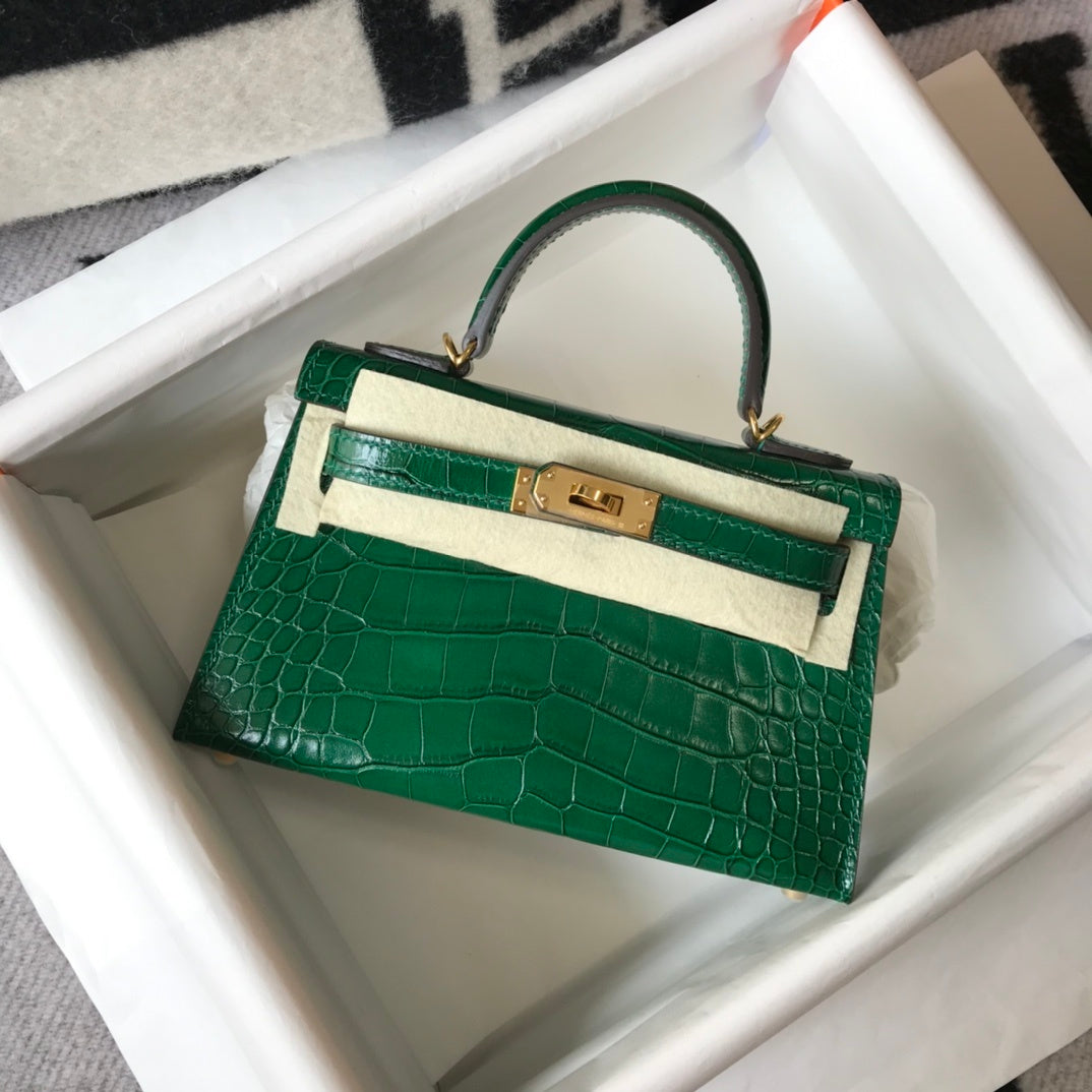 HM Mini Kelly 19 Green Crocodile Bag For Women, Handbags, Shoulder Bag 7.5in/19cm