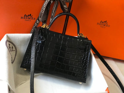 HM Mini Kelly 19 Black Crocodile Bag For Women, Handbags, Shoulder Bags 7.5in/19cm