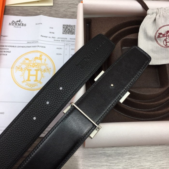 Hermes Men's Reversible Togo Leather 38MM Belt Black / Silver