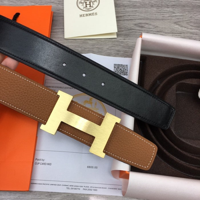 Hermes Men's Reversible Togo Leather 38MM Belt Tan / Gold