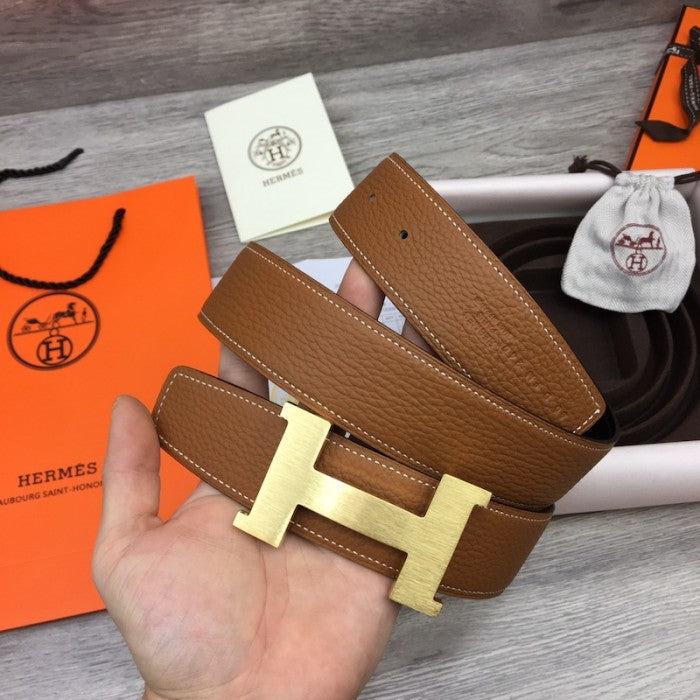 Hermes Men's Reversible Togo Leather 38MM Belt Tan / Gold