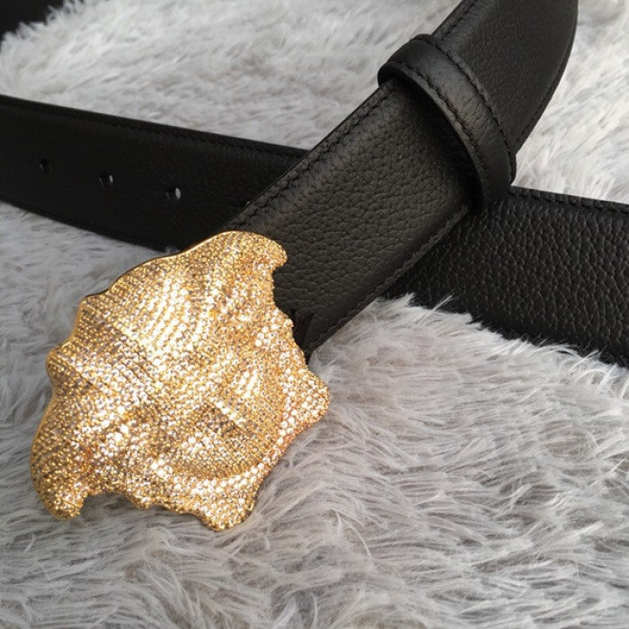 Versace 3D Medusa Diamond Togo Leather belt Black/ Gold