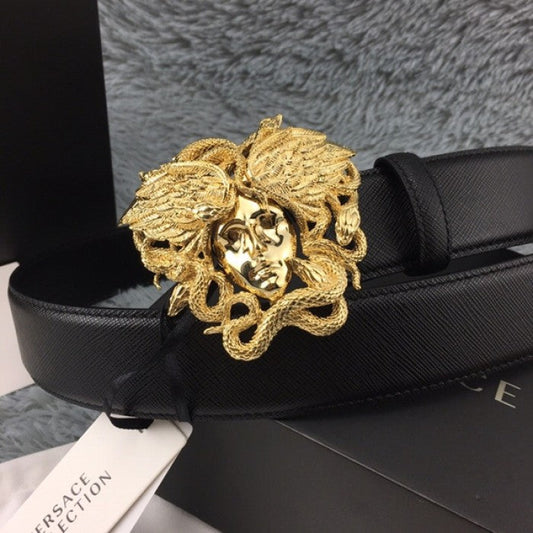 Versace Medusa Snake Wings Palm Leather Belt Black/Gold