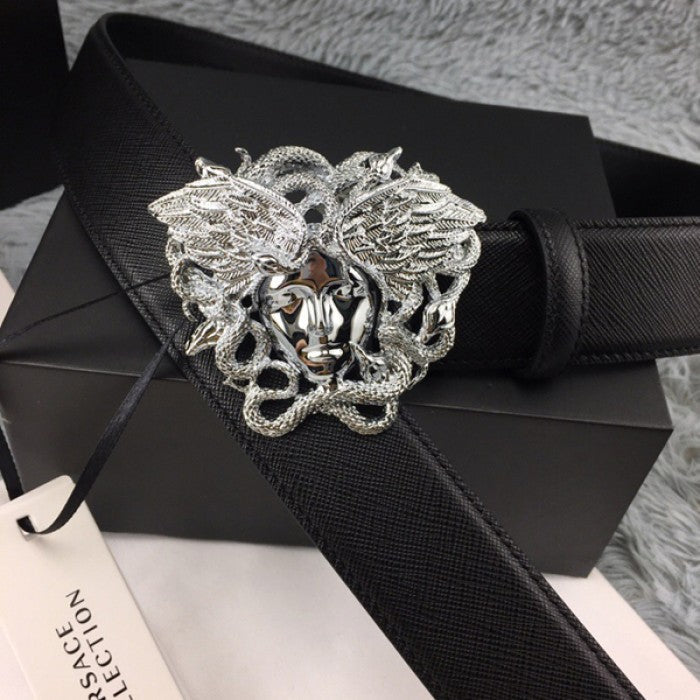 Versace Medusa Snake Wings Palm Leather Belt Black/Silver