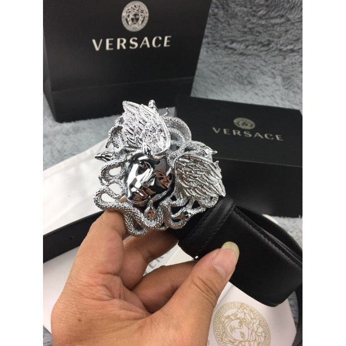 Versace Medusa Snake Wings Leather Belt Black/Silver