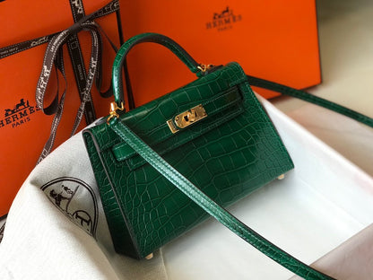 HM Mini Kelly 19 Green Crocodile Bag For Women, Handbags, Shoulder Bags 7.5in/19cm