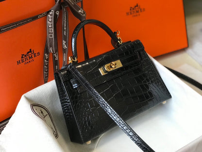 HM Mini Kelly 19 Black Crocodile Bag For Women, Handbags, Shoulder Bags 7.5in/19cm