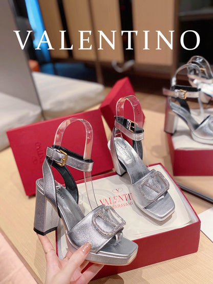 Valentino Garavani Strap Heeled Sandals With V Logo Crystal Embellishment Silver For Women