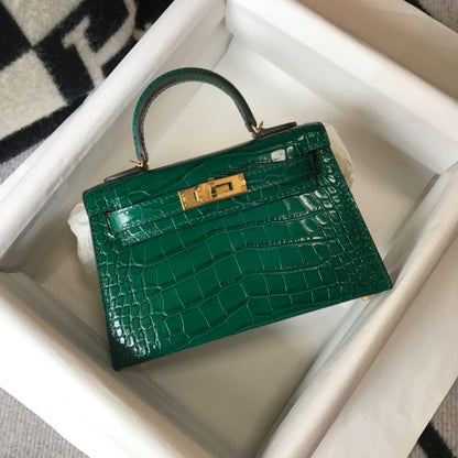 HM Mini Kelly 19 Embossed Patent Emerald Color Bag With Gold-Toned Harware For Women, Handbags, Shoulder Bags 7.5in/19cm