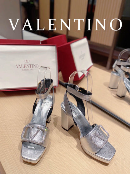 Valentino Garavani Strap Heeled Sandals With V Logo Crystal Embellishment Silver For Women