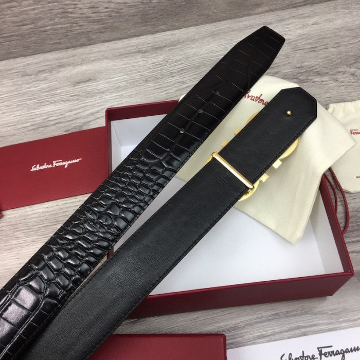 Ferragamo adjustable Gancini belt black croc skin / gold diamond buckle