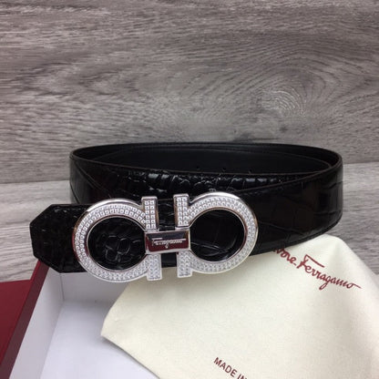 Ferragamo adjustable Gancini belt black croc skin / silver diamond buckle