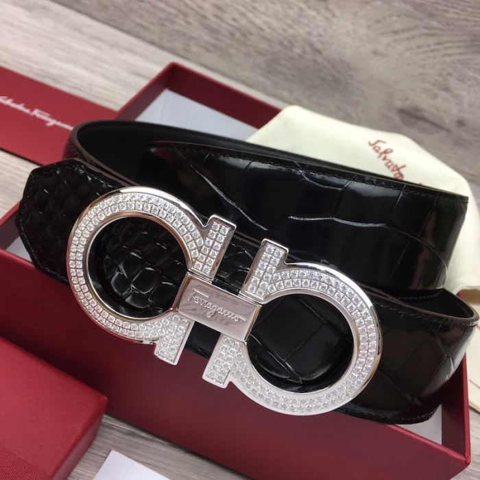 Ferragamo adjustable Gancini belt black croc skin / silver diamond buckle